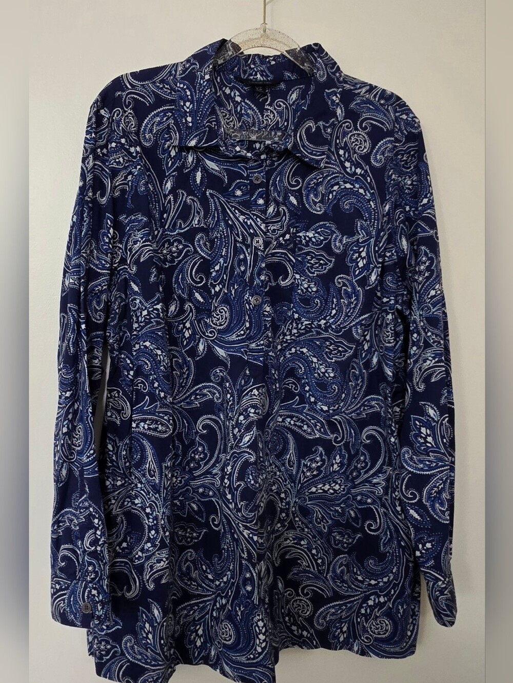 Lands End Paisley 1/4 Button Tunic Top Pocket Navy Blue Coastal Preppy Size LP